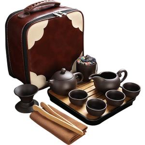 Travel Tea Sets 12 PACK Ceramic Teapot, Chinese Tea Pot Cup Set with Tray Infuser,Purple Clay Teapot,Teacups,Tea Canister,Bamboo Tray in One Tea Gift Bag for Outdoor Home Business (Brown)