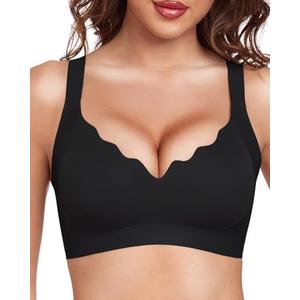 Quttlzze Scalloped Lift Bras for Women No Underwire Buttery Soft Push Up Wireless Bras V Neck Seamless Bralettes , size L