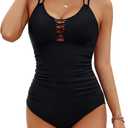 BMJL Women's Tummy Control Swimsuit Lace Up One Piece Bathing Suits Slimming V Neck Swimwear (Large, Black50)