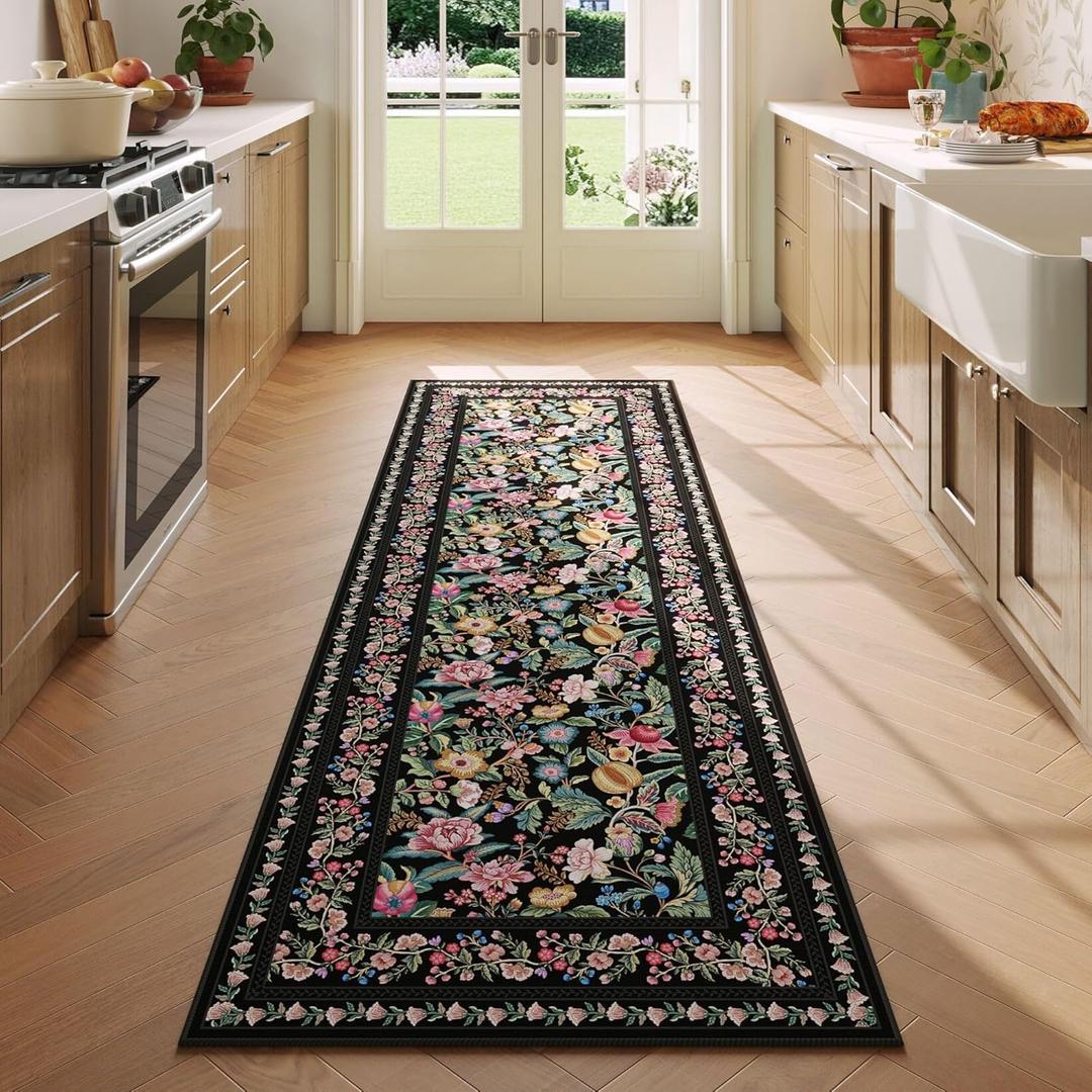 Runner Rug for Kitchen Rug Non Slip 2'x6' Washable Rugs with Rubber Backing Soft Vintage Floral Carpet Runner for Kitchen, Laundry, Bedroom, Bathroom, Black