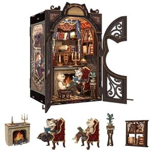 Fsolis Book Nook Kit Cat DIY Miniature Dollhouse Kit, 3D Wooden Puzzles for Adults, 108 Pieces, Bookshelf Decor Mini Building House, Gift for Readers Book Lovers (Count Cat's Study)