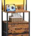 Furnulem Night Stand, Tall Nightstand with 4-Tier Shelves, 2 Fabric Drawers and LED Lights, Bed Side Tables with Charging Station, Bedside Table for Bedroom, Office, Rustic Brown