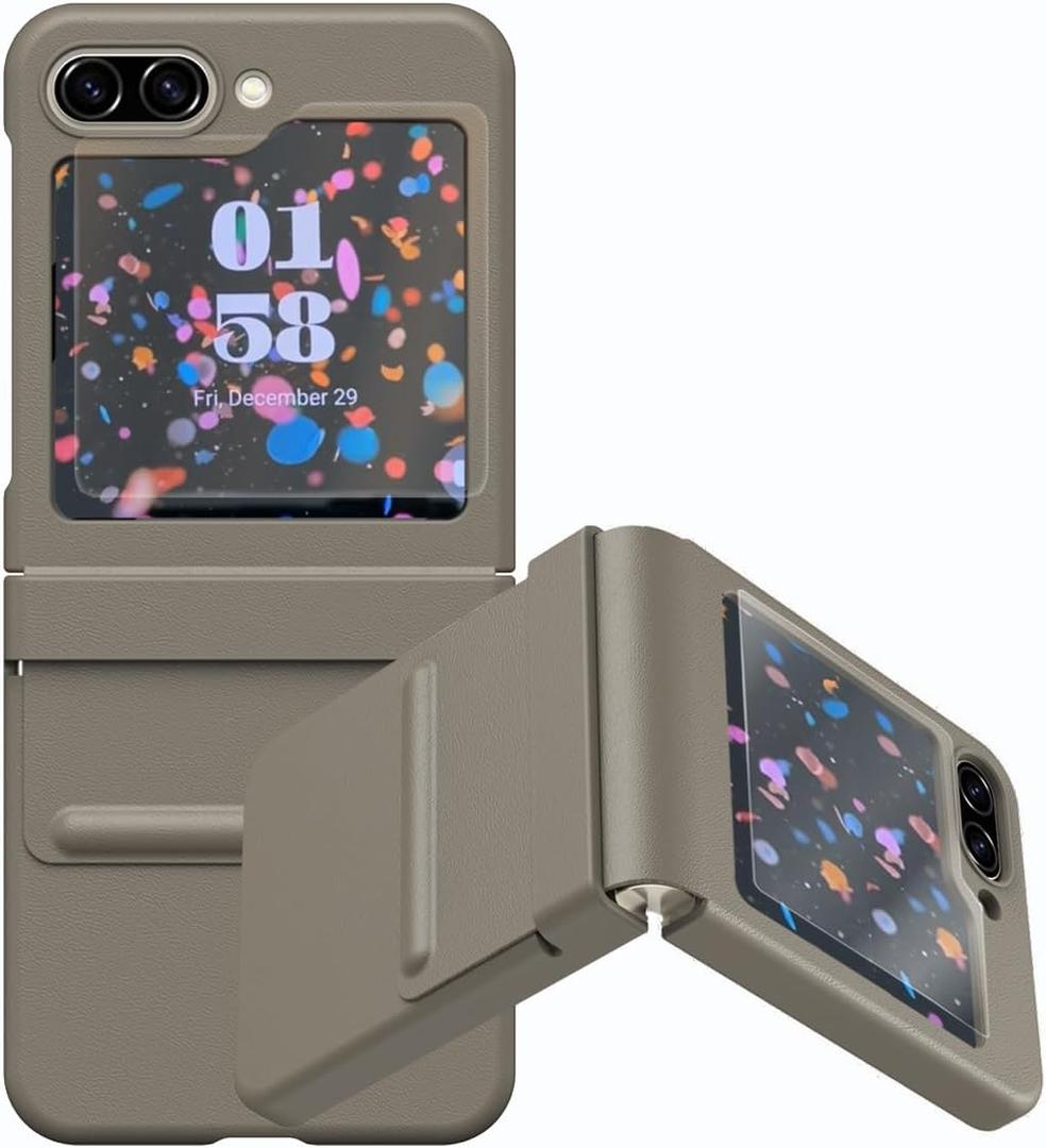 Samsung Galaxy Z Flip 5 Case with Screen Protector & Hinge Protection, Soft Leather Touch Protective Cover, Anti-Scratch Non-Slip Shockproof Case for Z Flip 5 2023, Etoupe Grey