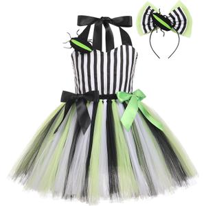 IDOPIP Kids Girls Halloween Costume Black and White Striped Costume Suit Clown Tutu Dress Headband Outfits for Photo Shoot (9-10 Years)