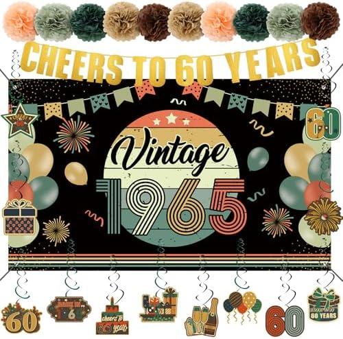 RoundFunny 24 Pcs Vintage 60th Birthday Decorations for Men Women 1965 Banner Decorations, Including Back in 1965 Backdrop, Cheers to 60 Years Banner, 12 Hanging Swirl, 10 Paper Poms