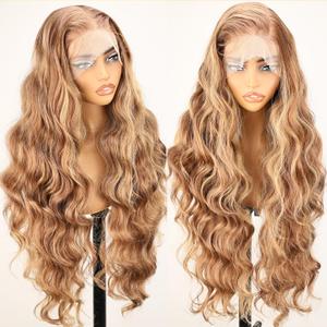 SOKU 13x6 Lace Frontal Wig Blonde Highlights 32 Inch Long Body Wave Pre Plucked with Babyhair Knotless Transparent Lace Heat Friendly Highlighted Bouncy Wave Glueless Synthetic Hair Wigs
