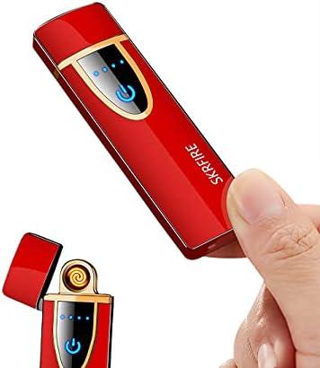 Ultra-Thin Electric Lighter,Tungsten Turbo Lighter Touch Switch Windproof Lighter Rechargeable USB Lighter with LED Battery Indicator(Drawing Red)