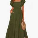 MASCOMODA Womens Summer Casual Midi Dress Square Neck Ruffle Short Sleeve Smocked High Waist A Line Wedding Guest Dresses Medium