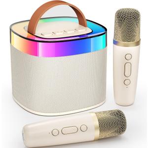 Karaoke Machine for Adults Kids, Portable Bluetooth Karokee Speaker with 2 Wireless Microphones,Singing Karaoke Machine Built-in LED Lights for Birthday Gifts, Family Home Party(Beige)