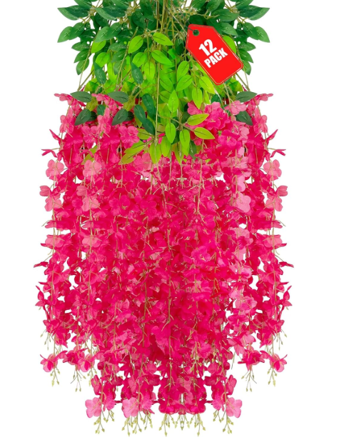 12 Pack Pink Wisteria Hanging Flowers, 3.44 Ft Fake Hanging Flowers, Artificial Wisteria Garland Vines for Wedding Room Backdrop Outdoor Patio Garden Decoration, 12pcs Fuchsia