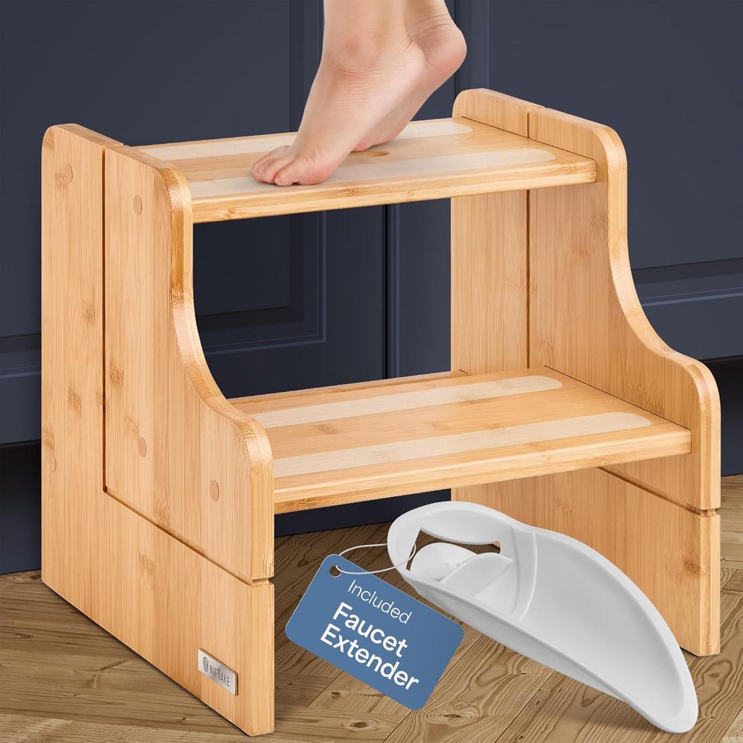 Small Step Stool, 200lb Capacity - Sturdy, Safe and Durable, Toddler Step Stool for Toddlers, Bamboo Toddler Stool, Potty Training, Kitchen Wooden Stepping Stool - w/Faucet Extender (Natural) (Compact)