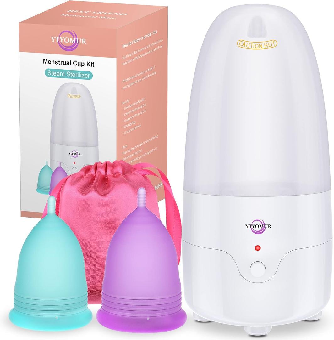 YTYOMUR Menstrual Cup Steamer Sterilizer with 2 Reusable Menstrual Cups, Upgraded Period Cups Cleaner Wash Kit White
