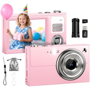Digital Camera, 64MP 4K Camera for Kids with 2.8" IPS Screen, 64GB SD Card and 16X Digital Zoom Anti Shake, Point and Shoot Compact Camera, Compact Portable Small Gift for Boys Girls Students (Pink)