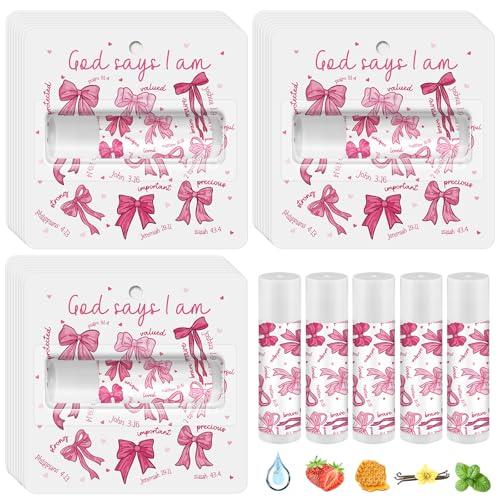 Sacubee 25 Pack Pink Bow Christian Gifts Bulk for Women Men Religious Lip Balms Bulk Church Party Favors Christmas Party Gifts Stocking Stuffers Bible Verse Study Supplies for Employee Staff Coworkers