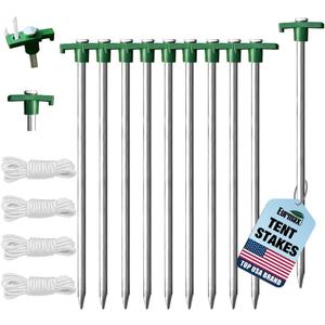 Eurmax USA Galvanized Non-Rust Camping Family Tent Pop Up Tent Stakes Canopy Anchors Heavy Duty 10pc-Pack, with 4x10ft Ropes & 1 Green Stopper