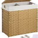 Greenstell Laundry Hamper with lid, No Install Needed, 130L Wicker Laundry Baskets Foldable 2 Removable Liner Bags, 2 Section Clothes Hamper Handwoven Rattan Laundry Basket with Handles, Natural