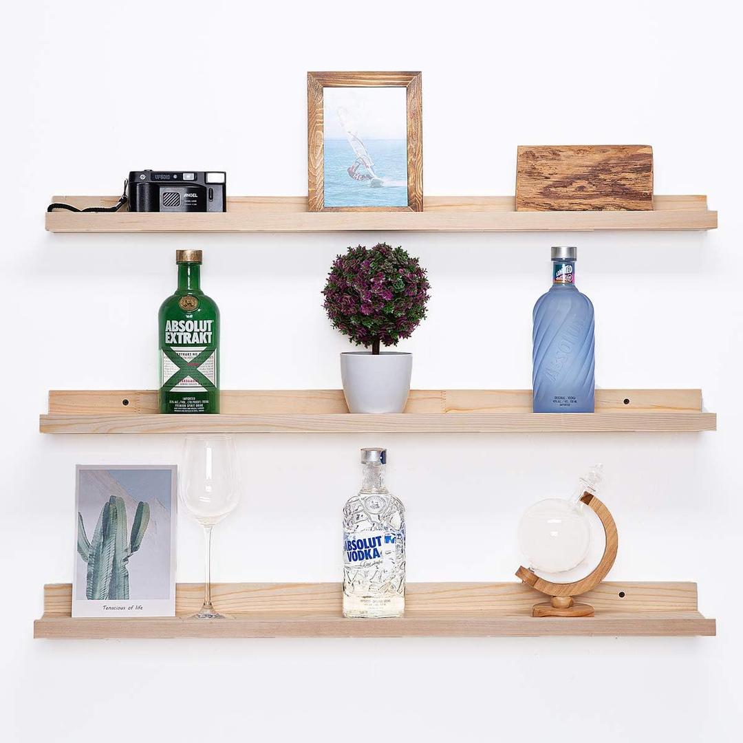 AZSKY 36 Inch Picture Ledge Shelf Solid Wood Large Floating Shelves Wall Mounted Rustic Natural Shelves for Home, Living Room, Bedroom, Bathroom, Office 3 Same Sizes, 36in Set 3