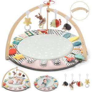 Suihuooo Baby Play Mat Activity Gym,6 Developmental Zones Tummy Time Mat, Foldable Wooden Baby Play Gym with 7 Detachable Sensory Toys for Newborn Brain Development, Essential Baby Shower Set