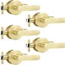 Leydebong 5 Pack Passage Door Handles, Light Satin Brass Door Knobs Interior, Hallway Closet Door Levers Keyless Gold Door Handle, Heavy Duty Round Door Handle Set for Left or Right Handed Doors