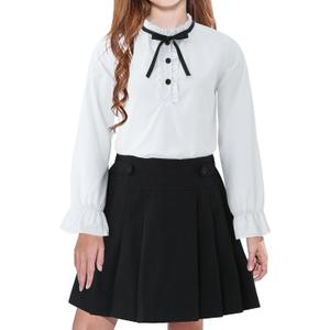 Girls White Blouse Ruffle Long Sleeve Button Down Shirt and Pleated Skirt School Uniform 2 Piece Outfit Set, Black, 11-12 Years