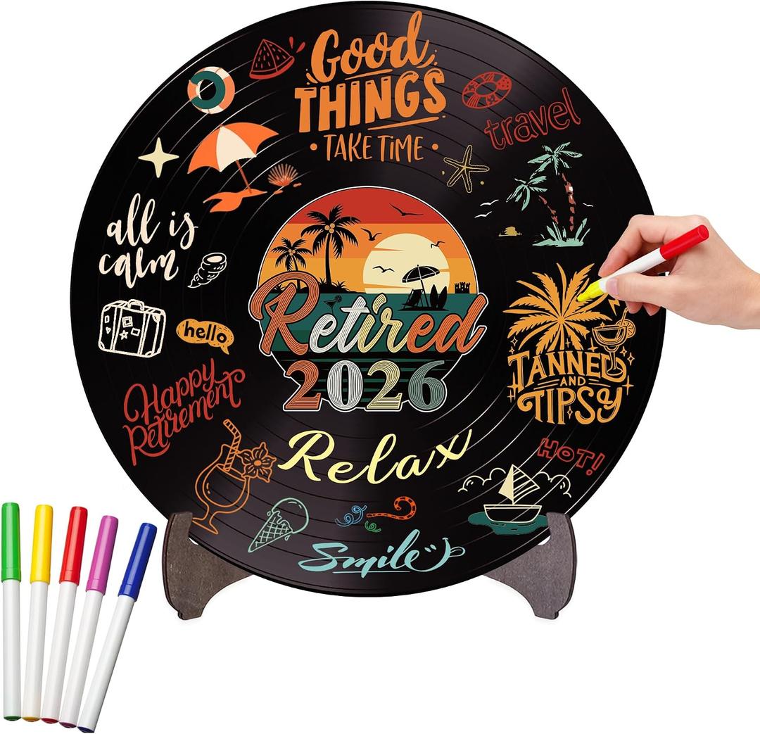 Holkcog Retirement Party Decorations Men Women, Colorful Vintage Retirement Vinyl Record, Happy Retired 2026 Party Graffiti Sign With Stand, Office Retired Farewell Gift, Coworker leave Table Decor