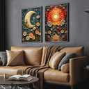 2Pcs Celestial Canvas Wall Art Vintage Tarot Mystical Moody Sun and Moon Floral Painting Picture Wall Decor Posters Print Artwork for Living Room Bedroom Home Decoration Unframed (24L" x 16W")