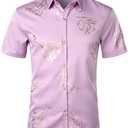 ZEROYAA Mens Hipster Gold Rose Printed Slim Fit Short Sleeve Button Down Dress Shirts M