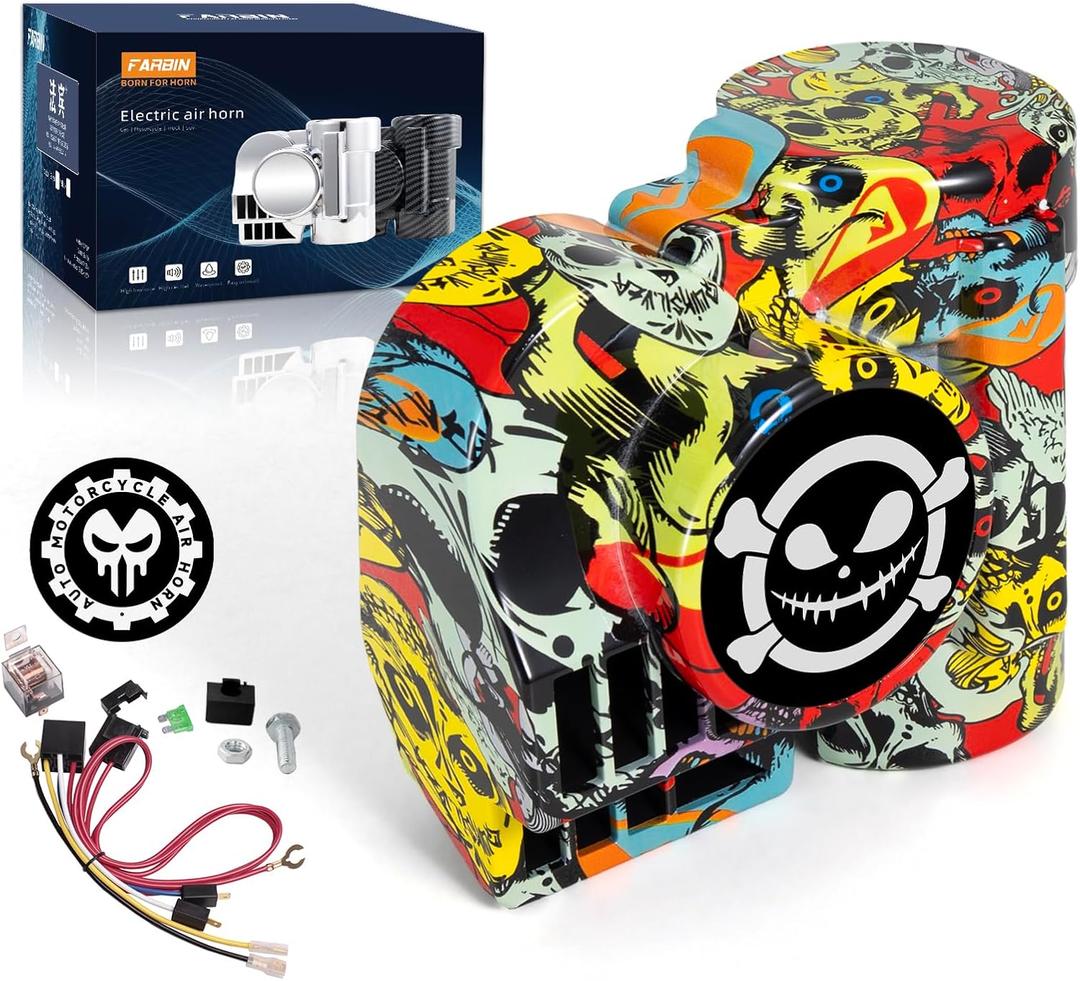 FARBIN Motorcycle Horn Air Horn Train Horn 12V 150dB Loud Car Horns Compact Snail Motohorn for Moto Truck Pickup RV SUV (Red Skull)