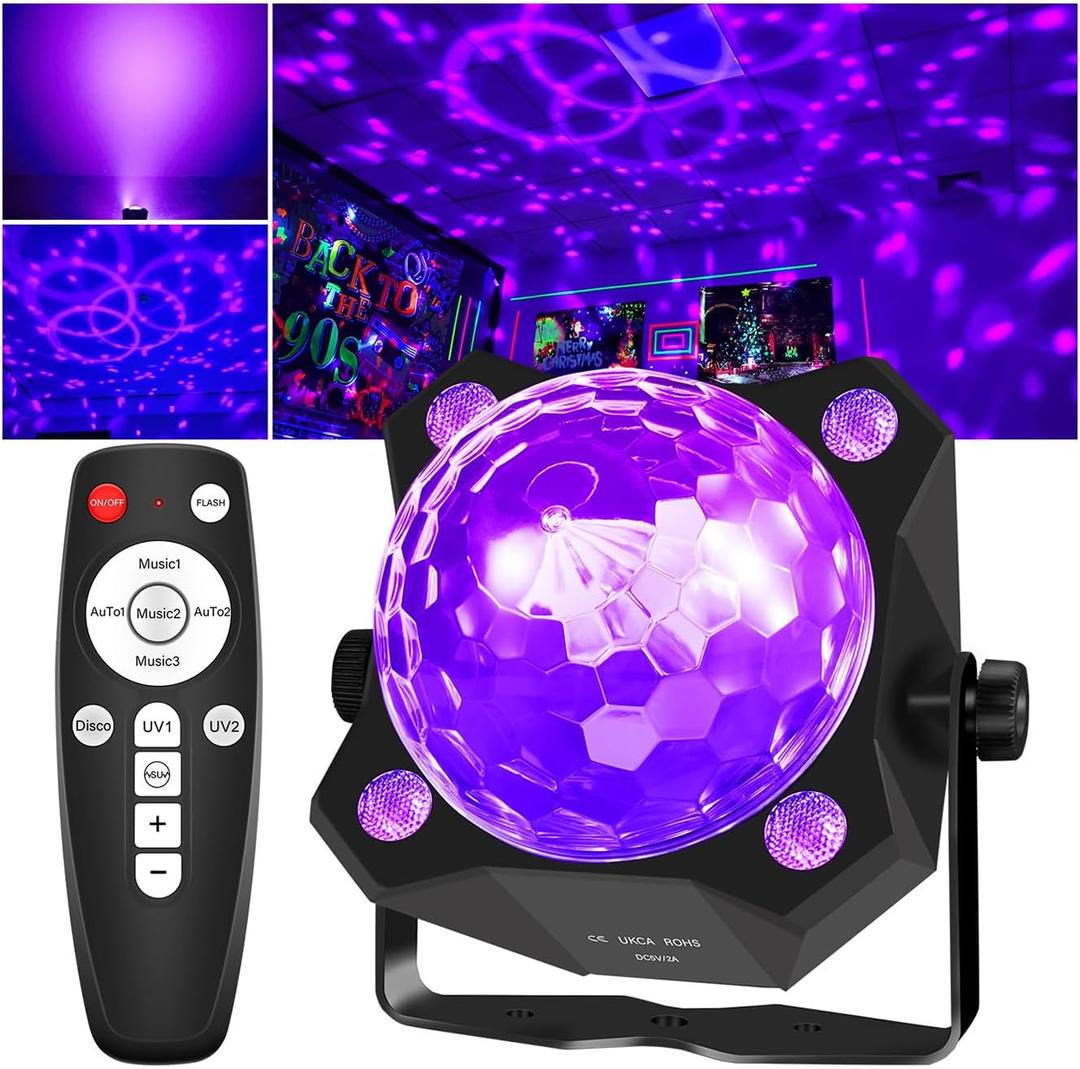 2 in 1 Glow Party Black Light Disco Ball Light with Sound Activated Strobe Dj Party Lights Black Lights, for Halloween Christmas Birthday Decor Classroom Room Family Party Decor (Medium)