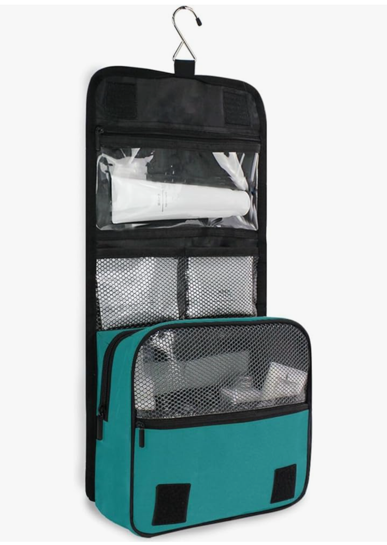junzan Teal Hanging Toiletry Bag for Women & Men Travel Cosmetic Bag with Hook Family Makeup Organizer