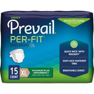 Prevail Per-Fit Incontinence Unisex Briefs with Tabs, Disposable Adult Diaper, Maximum Plus Absorbency, X-Large, 15 Count Bag