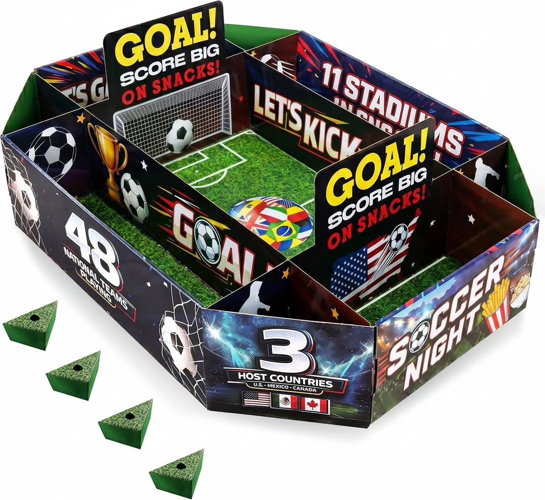 Large 3D Soccer Food Serving Tray, Corner Sauce Holders, 4 Divided Sections & Roomy Center Section Snack Organizer Tray, Food Stadium for 2026 Soccer Watch Parties & Game Day, Tailgate
