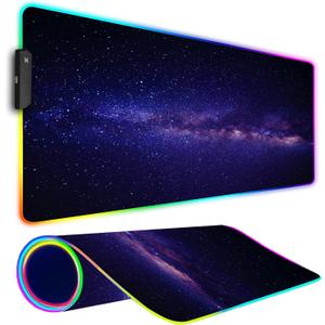 RGB Gaming Mouse Pad, Large Mousepad with Led Light, Gaming Accessories Keyboard Pad for Desk, Non-Slip Rubber Base Big Mouse Mat for Gamer, 31.5 X 11.8 Inch, Black Gold Mountain (09 Purple Space)