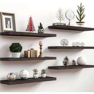 PHPH 24 Inch Wood Floating Shelves for Wall, Wooden Wall Shelves for Bedroom, Set of 6, Brown