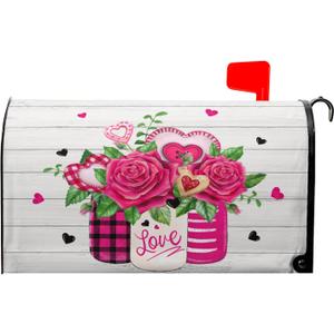 Sweetshow Valentine's Day Rose Flower Mailbox Covers Magnetic Standard Size 18" X 21",Mason Jar Pink Love Heart Mailbox Wraps Post Letter Box Cover for Anniversary Wedding Yard Decor