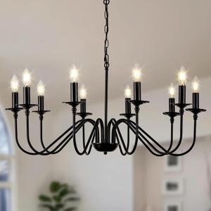 Mikeru Black Chandelier, 10-Light Vintage Industrial Pendant Light, Farmhouse Dining Lighting, Dimmable & Adjustable Height Chandelier. Suitable for Bedroom, Living Room, Kitchen, Office, Foyer.