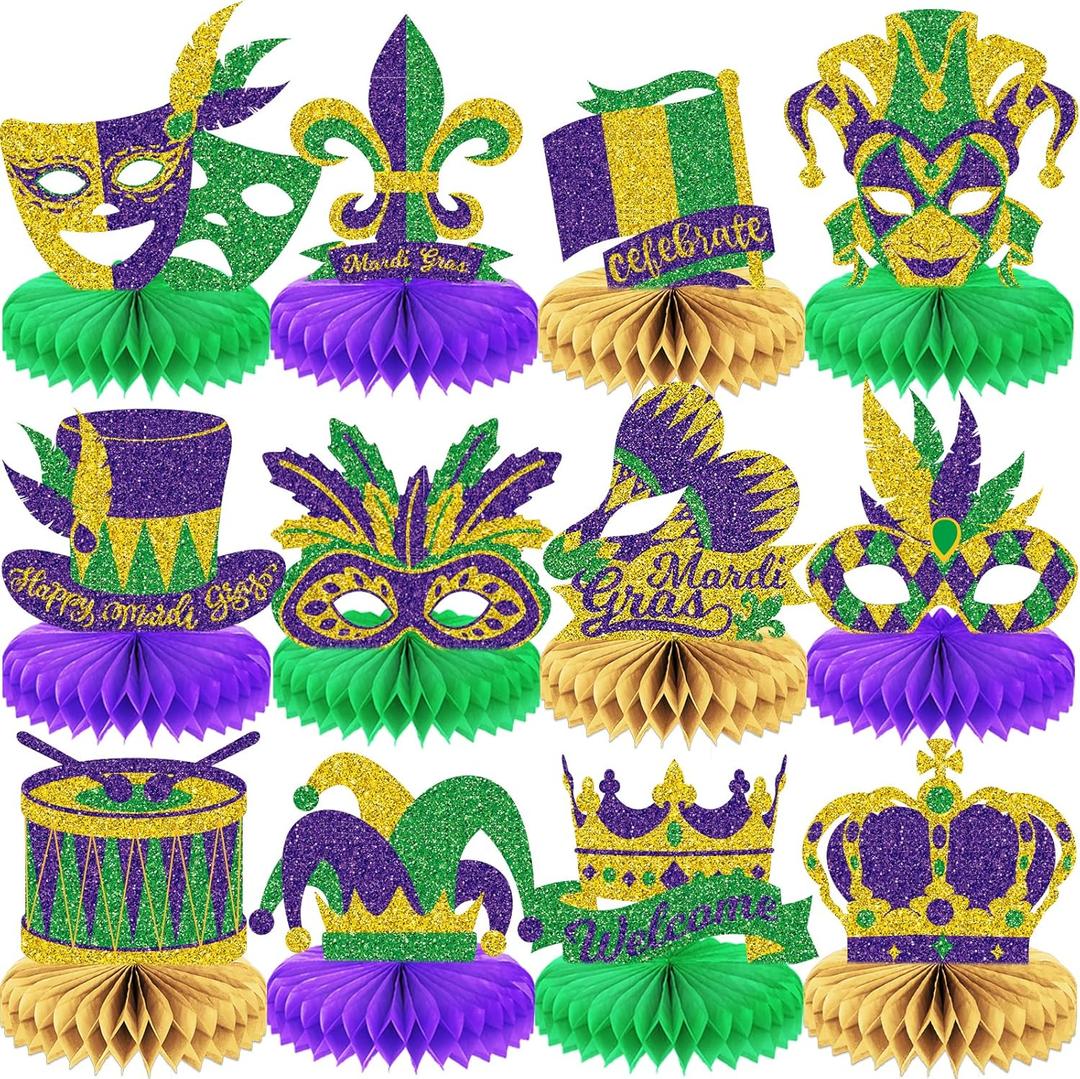12 Pieces Mardi Gras Party Decorations Honeycomb Centerpieces Crown Mask Sign Table Toppers Double Side Gold Green Purple Table Centerpieces for Mardi Gras Masquerade New Orleans Party Supplies Favor