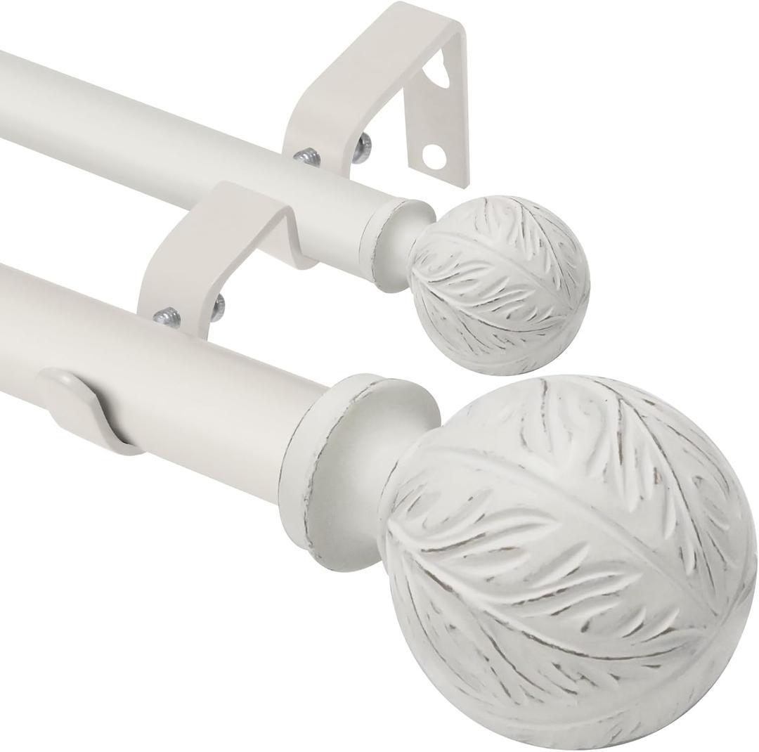 Double Curtain Rods for Windows 28 to 48 Inches, 1 Inch Diameter Heavy-Duty Adjustable Metal Double Curtain Rods with Leaf Pattern Finials and Brackets-for Bedrooms And Living RoomsWeathered White