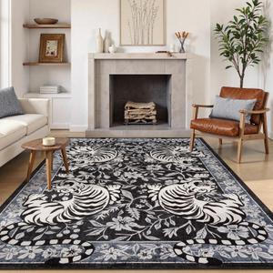 LIVEBOX Tiger Washable Rugs for Living Room, 5x7 Boho Bedroom Rug Non-Slip Jungle Floral Area Rug, Soft Stain Resistant Vintage Western Animal Floor Carpet for Dining Room Home Office Dorm (Black)
