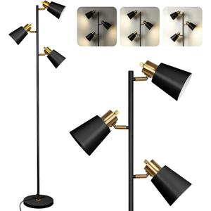 Tree Floor Lamp for Living Room, Industrial 3-Light Standing Lamp with 3 LED Bulbs, Adjustable Rotation Heads, Standing Tall Pole Lamp Farmhouse Rustic Reading Lamps for Bedroom Office (Black Gold)