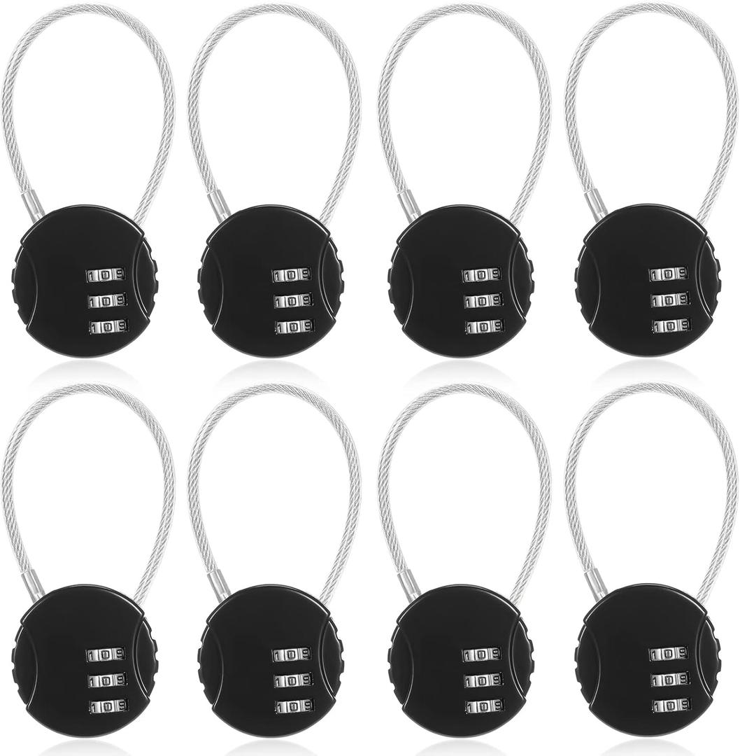 Moxweyeni 8 Pack Combination Wire Lock 3 Digit Small Combo Luggage Number Cable Padlock Outdoor Waterproof Resettable Lock for School Gym Locker Travel Backpack Suitcase Storage (Black Color)