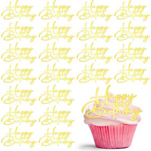 Weysat 30 Pcs Gold Mirror Acrylic Cupcake Toppers Happy Birthday Cake Decorations for Birthday Party Cupcake Toppers