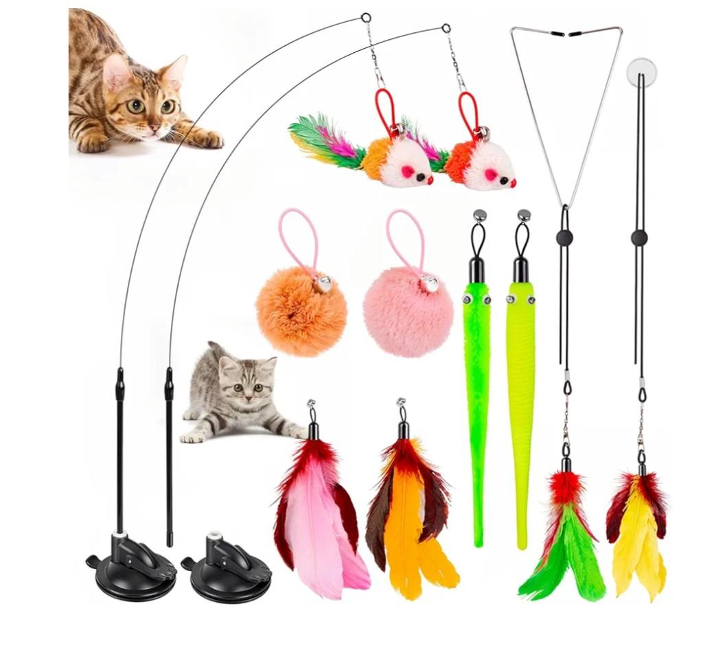 QAWRZZPR 4in1 Interactive Cat Toy for Indoor Cats – Retractable Cat Wand, 2Pole Suction Cup, Catnip Pillow, 14+ Accessories – SelfPlay & Interactive Cat Feather Toys with Safe Durable Materials