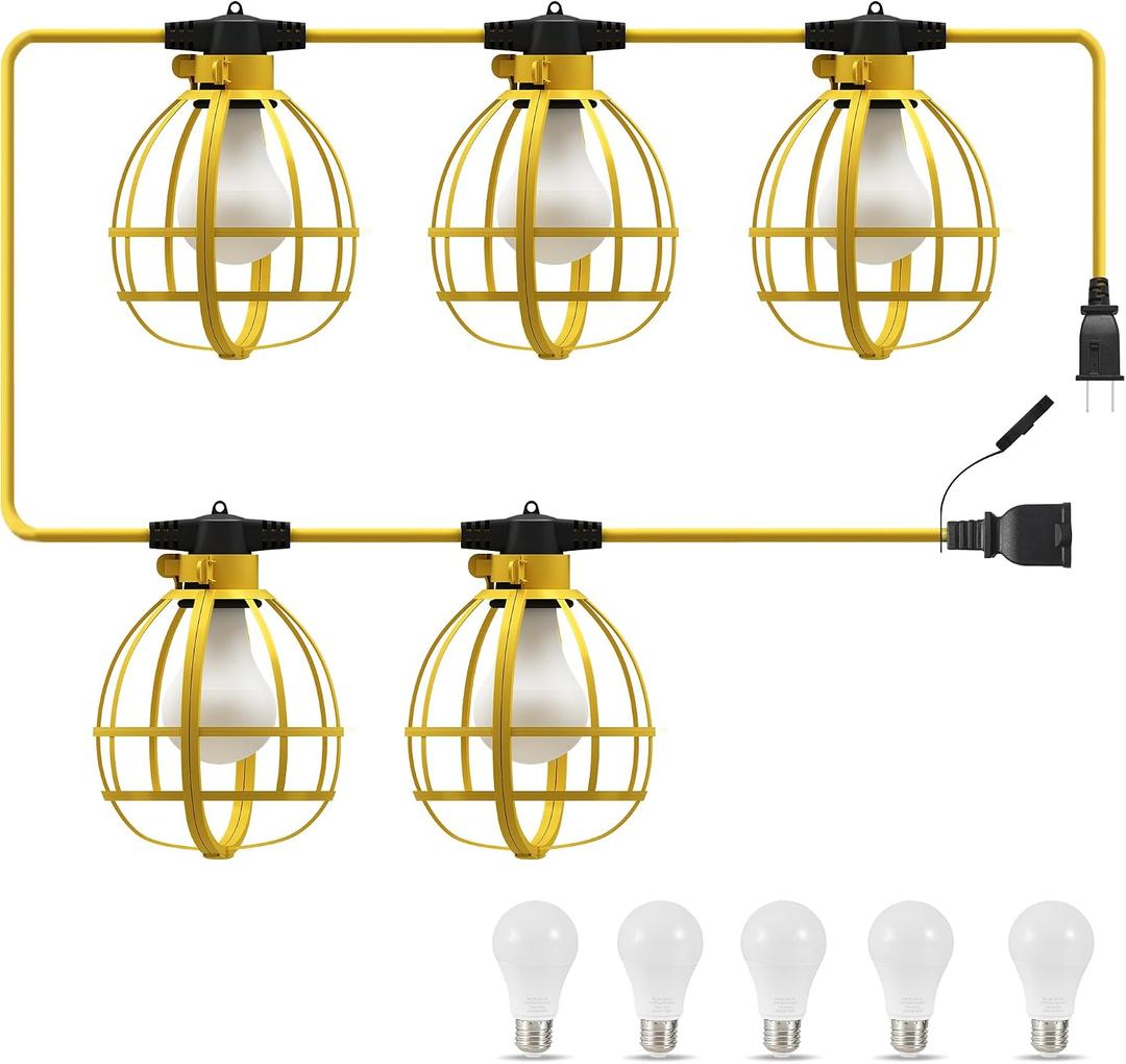 LEDIARY 50FT Construction String Lights, 5 Bulbs 50W 5250LM Work Lights with 5 Medium Base Sockets, Linkable Construction Lights, Weatherproof Commercial-Grade Temporary Lighting