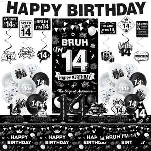 14th Birthday Decorations for Boys, Black Bruh Im 14 Birthday Party Decor Supplies for 14 Year Old Boy - Backdrop, Banner, Tablecloth, Centerpieces, Hanging Swirl, Hat, Wall Signs