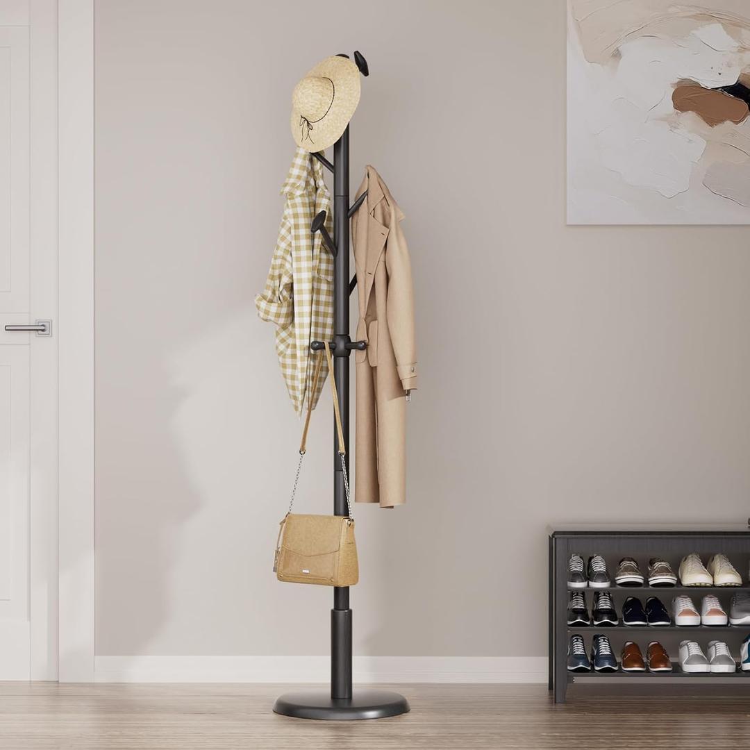 Solid Wood Coat Rack, Freestanding Coat Rack with 10 Hooks and Thickened Base, Coat Tree 3 Adjustable Heights for Bedroom, Entryway, Livingroom, Coat Hanger Stand for Scarves, Handbags (Black)