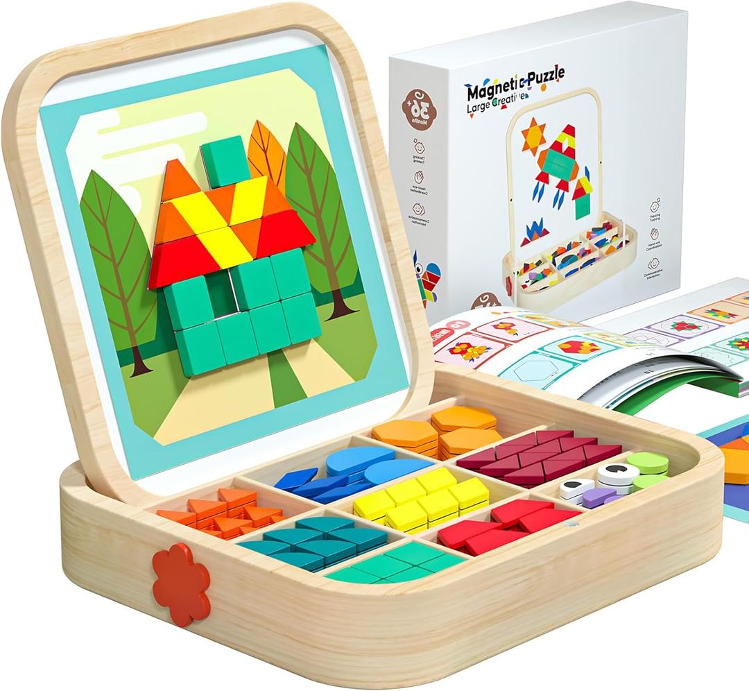 288 PCS Wooden Magnetic Pattern Blocks Set Montessori Tangram Puzzle with Pattern Cards & Storage Bag | Preschool Montessori Brain Teaser, STEM Gift for 3-8 Years Old Toddler Kids