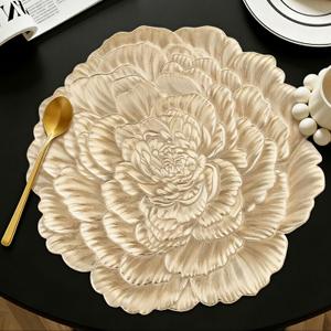 Quantum Love Set of 6 Floral Gold Penoy Placemats Vinyl Metallic 15 Inches Round Washable Place Mats Waterproof Heat Resistant Durable Table Mats for Kitchen Dining Table Decoration Indoor Outdoor