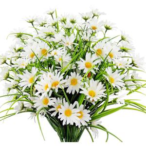 4 Bundles Artificial Silk Daisy Flowers Fake Daisies Plastics Plants Flower Faux Wildflowers Outdoor UV Resistant for Home Decor Indoor Outside Porch Patio Garden Planters Decoration (White)