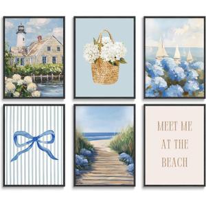 6 Pcs Coastal Granddaughter Canvas Wall Art Blue Hydrangeas Prints Posters Blue Flower Floral Wall Decor Beachy Seaside Landscape Paintings Aesthetic Preppy for Apartment Dorm Bedroom 8x10in Unframed